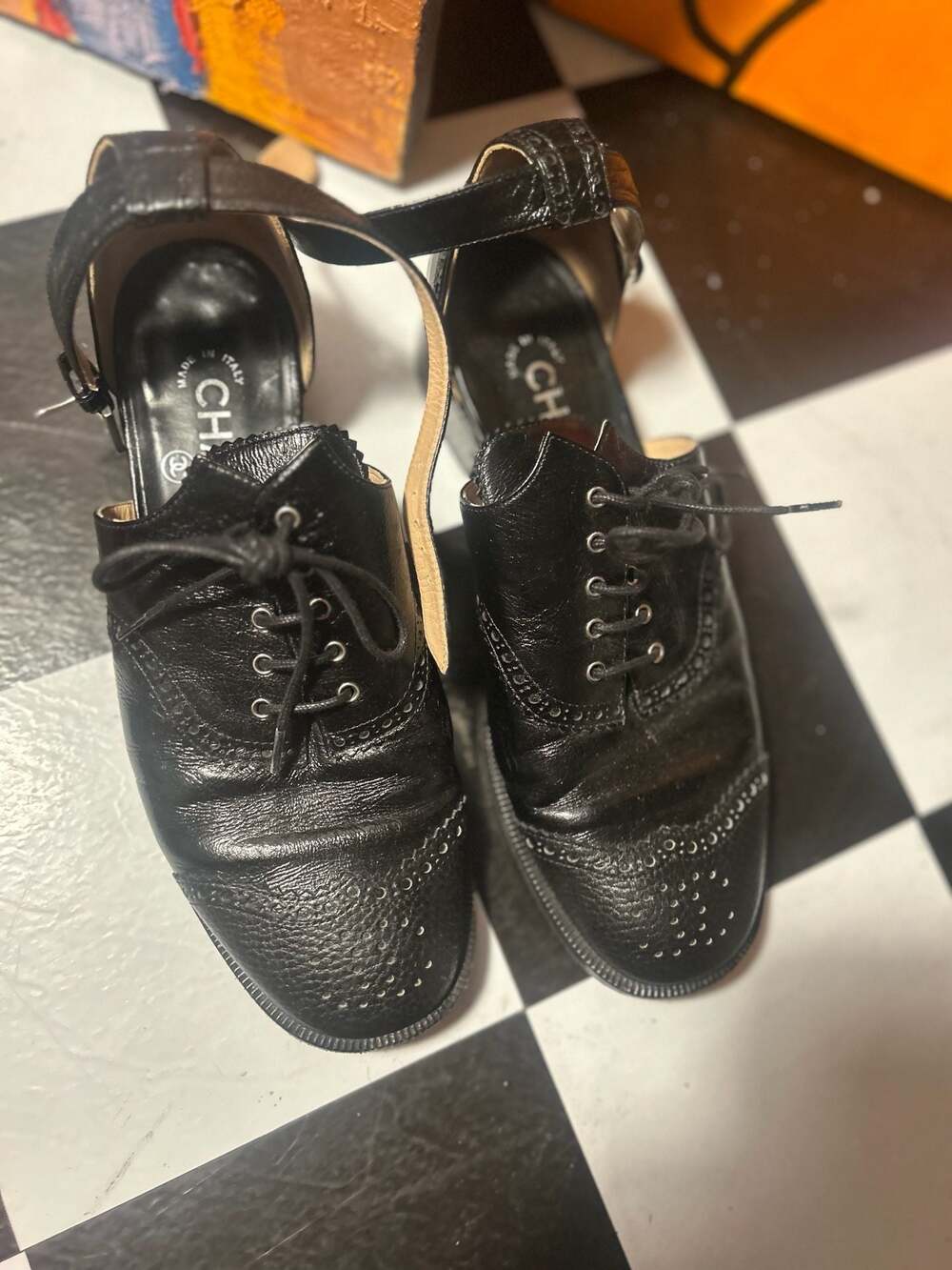 Chanel Black Leather Lace-Up Oxford Brogue Heels with Ankle Strap